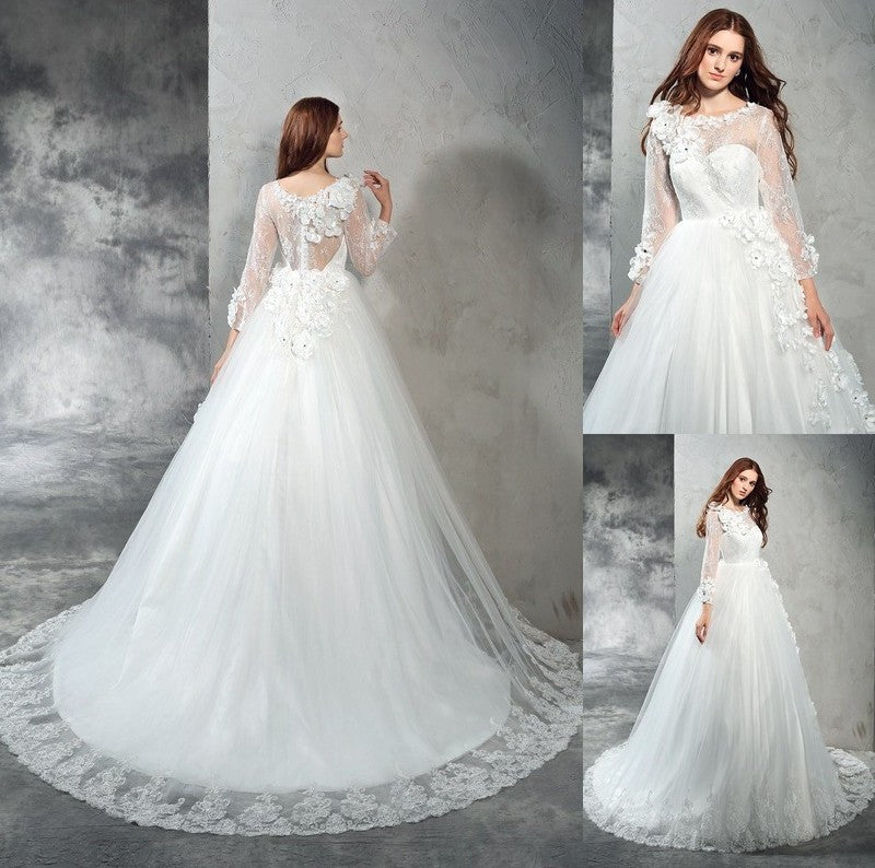 Long Neck Long Sheer Sleeves Gown Flower Hand-Made Ball Net Wedding Dresses