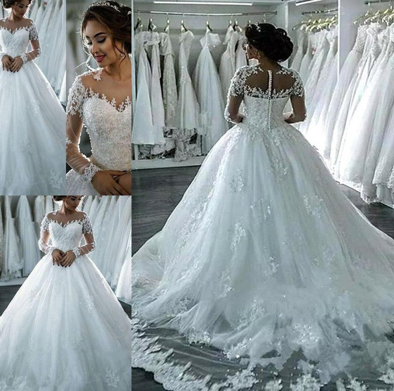 Gown Tulle Court Applique Sleeves Ball Long Scoop Train Wedding Dresses