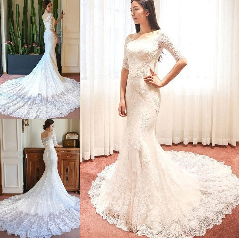 Sleeves Trumpet/Mermaid Train Cathedral Square Applique 1/2 Lace Wedding Dresses