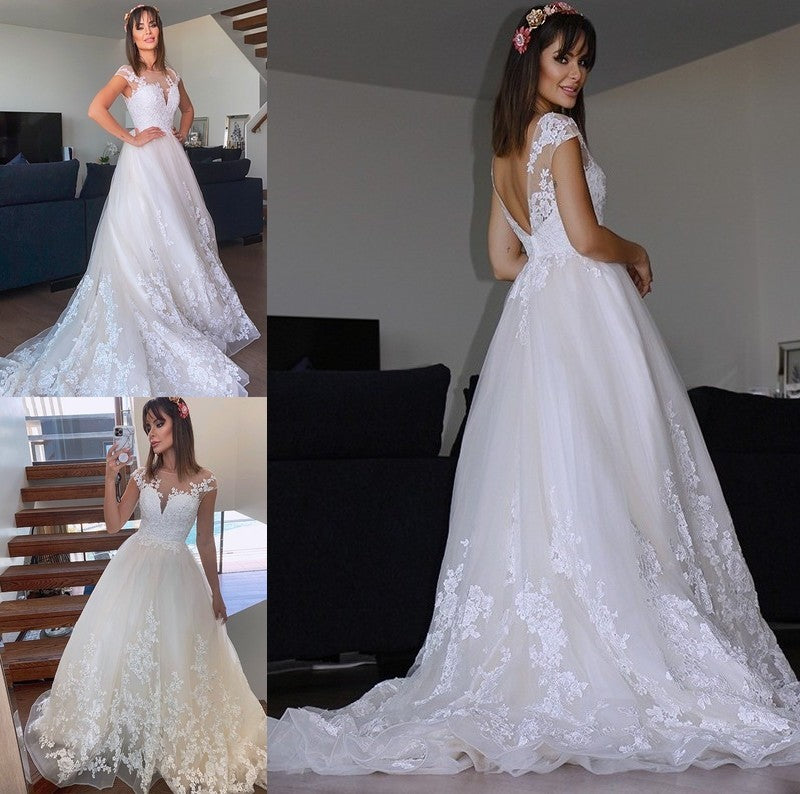 Tulle Applique Court Sleeveless A-Line/Princess V-neck Train Wedding Dresses