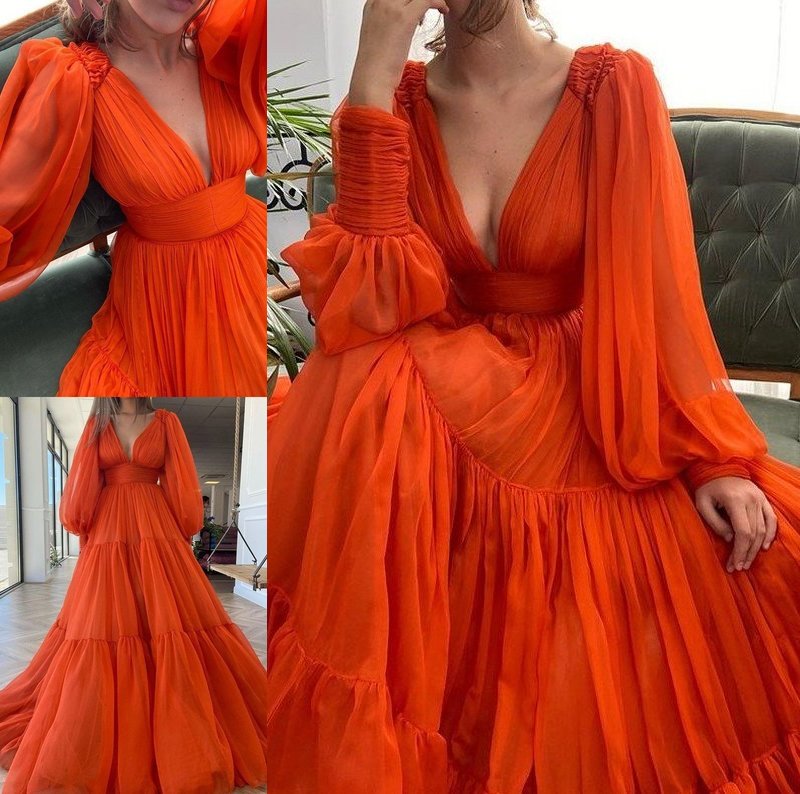 3D Sweep/Brush V-neck Train A-Line/Princess Long Sleeves Chiffon Ruffles Dresses