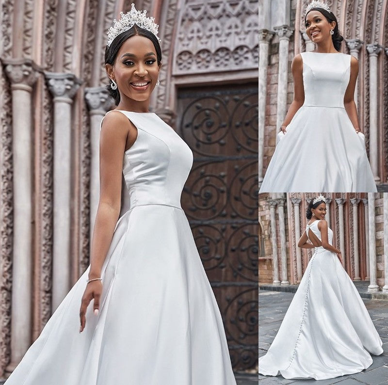 Sleeveless A-Line/Princess Bateau Satin Sweep/Brush Ruffles Train Wedding Dresses