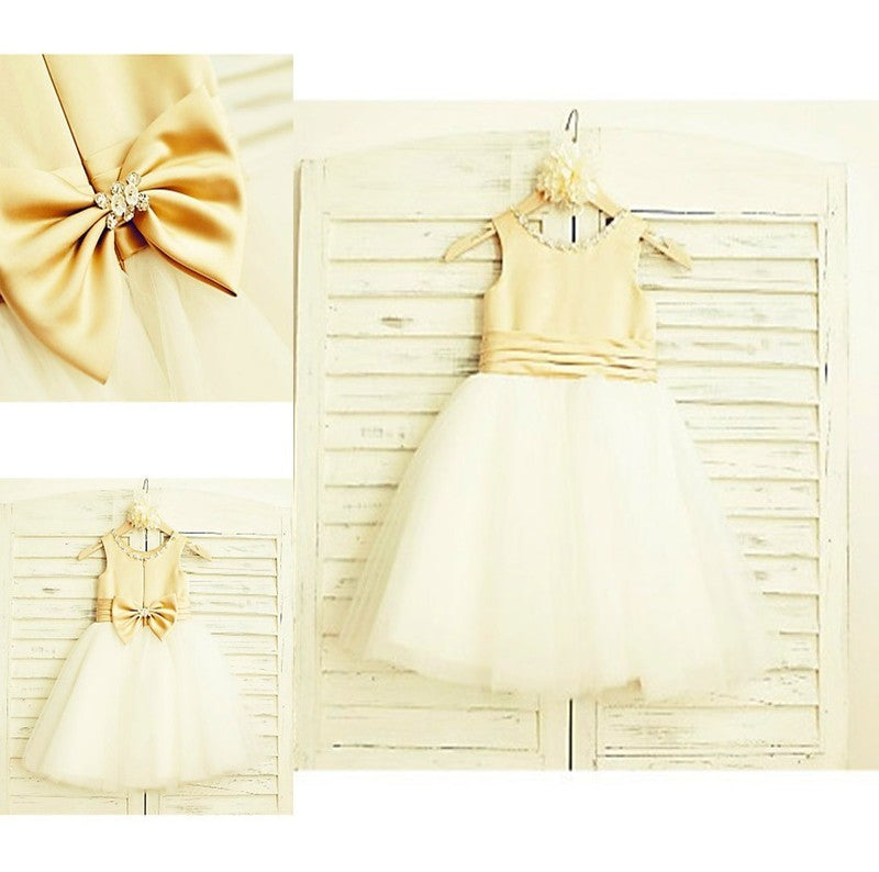 Scoop Tulle Tea-Length A-line/Princess Sleeveless Bowknot Flower Girl Dresses