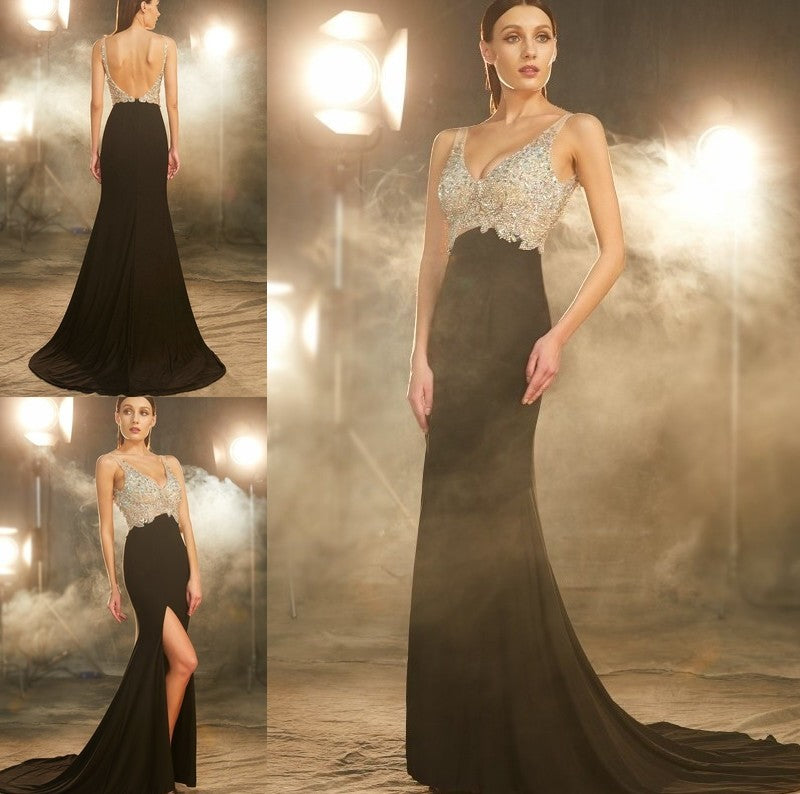 Beading V-neck Sleeveless Sweep/Brush Sheath/Column Train Spandex Dresses