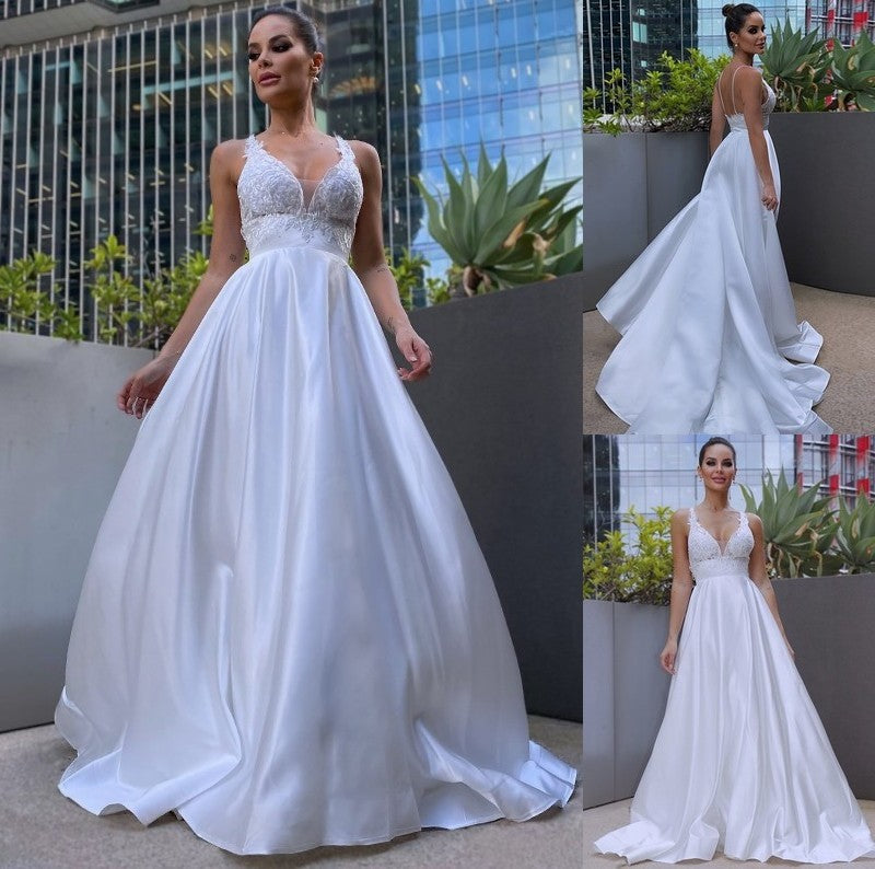 Satin Sleeveless Sweep/Brush Applique A-Line/Princess V-neck Train Wedding Dresses