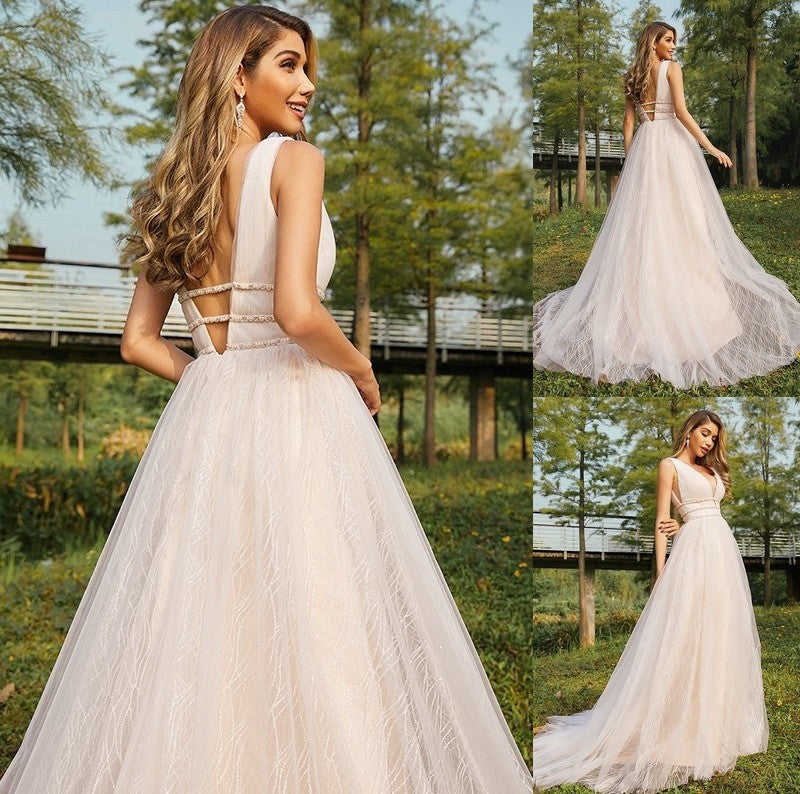 Tulle V-neck Ruffles A-Line/Princess Sweep/Brush Sleeveless Train Wedding Dresses