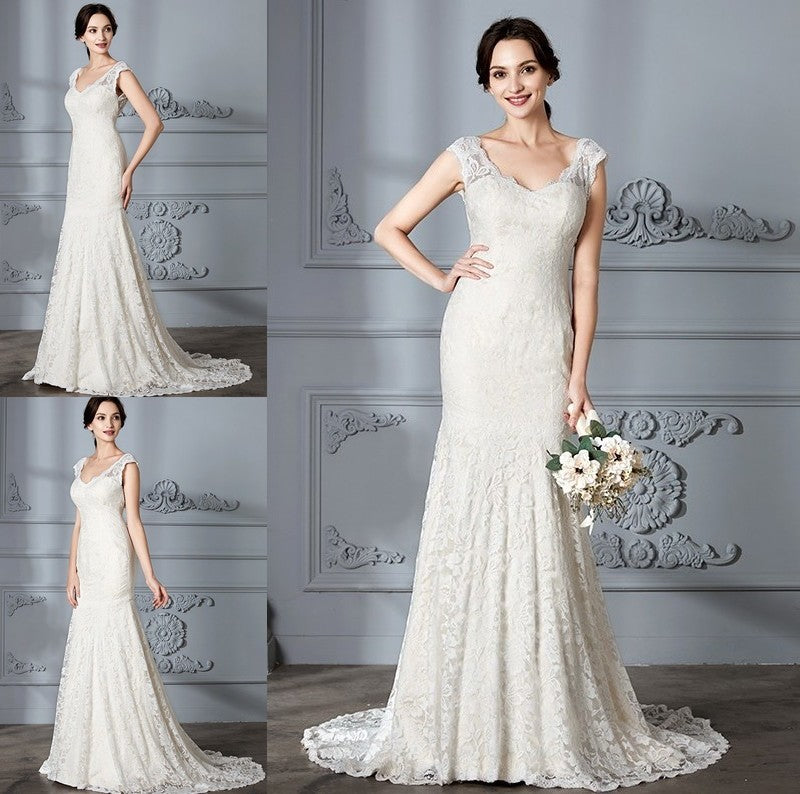 Sleeveless Sweep/Brush V-Neck Lace Trumpet/Mermaid Train Wedding Dresses