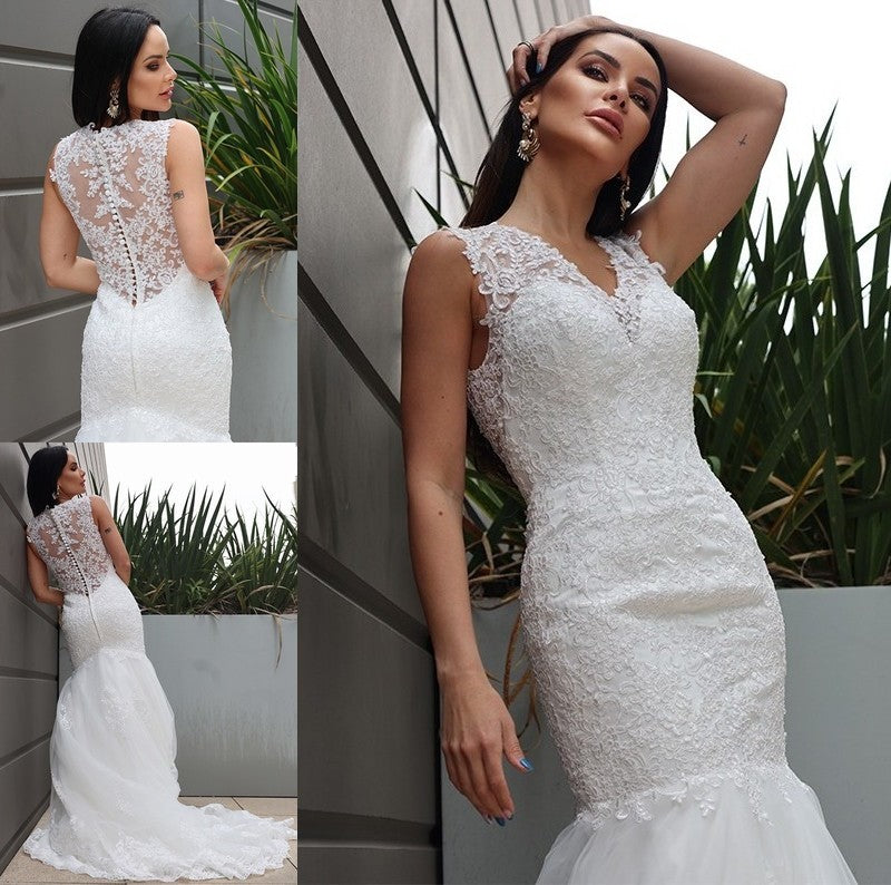 Trumpet/Mermaid Tulle Sweep/Brush Lace V-neck Sleeveless Train Wedding Dresses