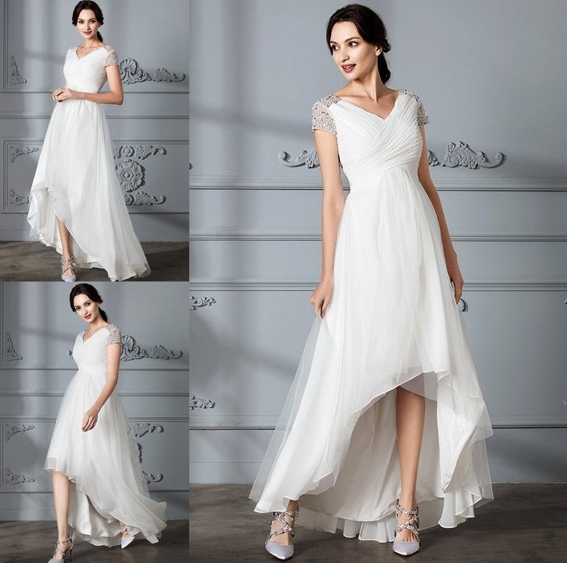 Asymmetrical Short V-neck A-Line/Princess Sleeves Tulle Wedding Dresses