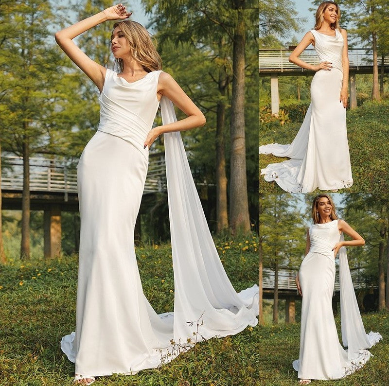 Scoop Satin Sleeveless Sheath/Column Ruched Sweep/Brush Train Wedding Dresses