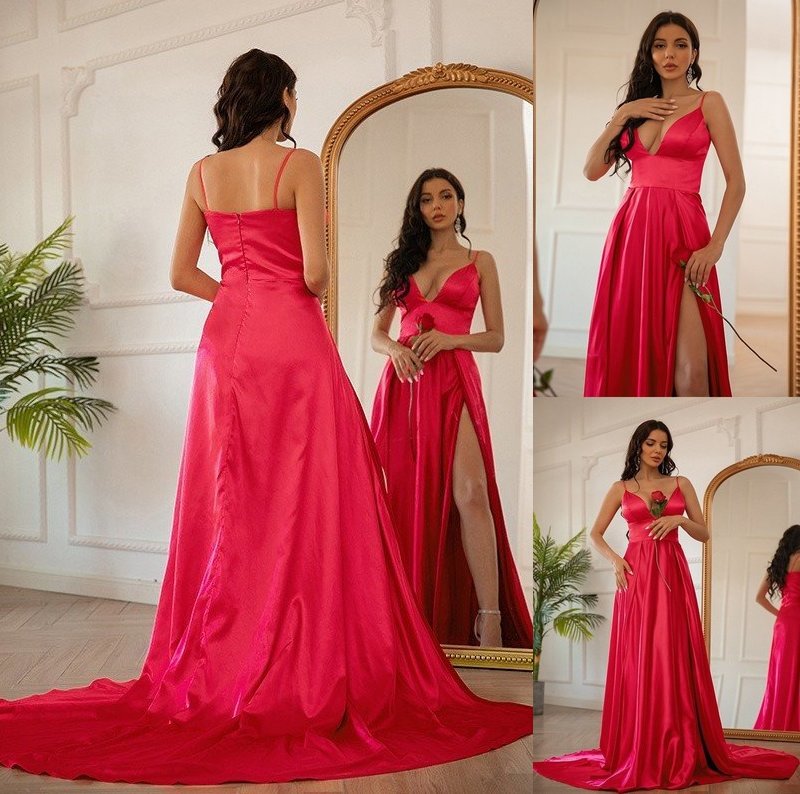 Sleeveless Silk Ruched A-Line/Princess like V-neck Satin Sweep/Brush Train Dresses