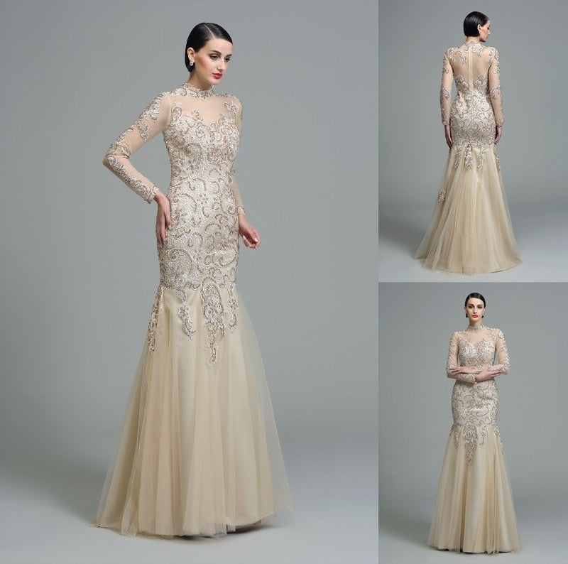 Sleeves Long High Sheath/Column Applique Neck Long Net Dresses