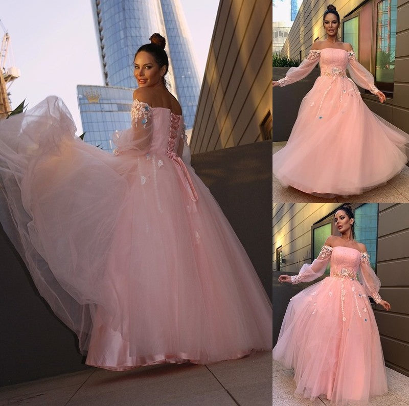 Gown Flower Sleeves Hand-Made Ball Long Tulle Off-the-Shoulder Floor-Length Dresses