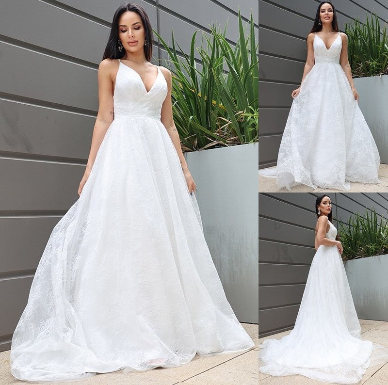 A-Line/Princess Lace Ruched Sweep/Brush V-neck Sleeveless Train Wedding Dresses