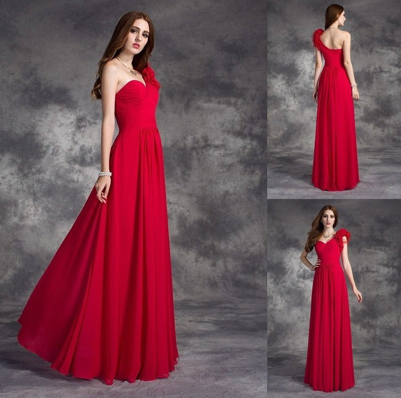 A-line/Princess Hand-Made Flower Sleeveless One-Shoulder Long Chiffon Dresses