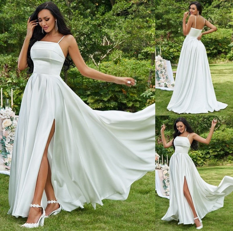 Straps Ruffles Satin A-Line/Princess Spaghetti Sleeveless Sweep/Brush Train Wedding Dresses