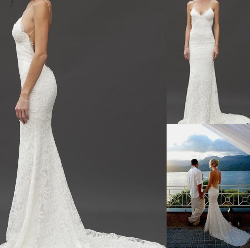 Sheath/Column Sleeveless Spaghetti Straps Train Court V-neck Lace Wedding Dresses