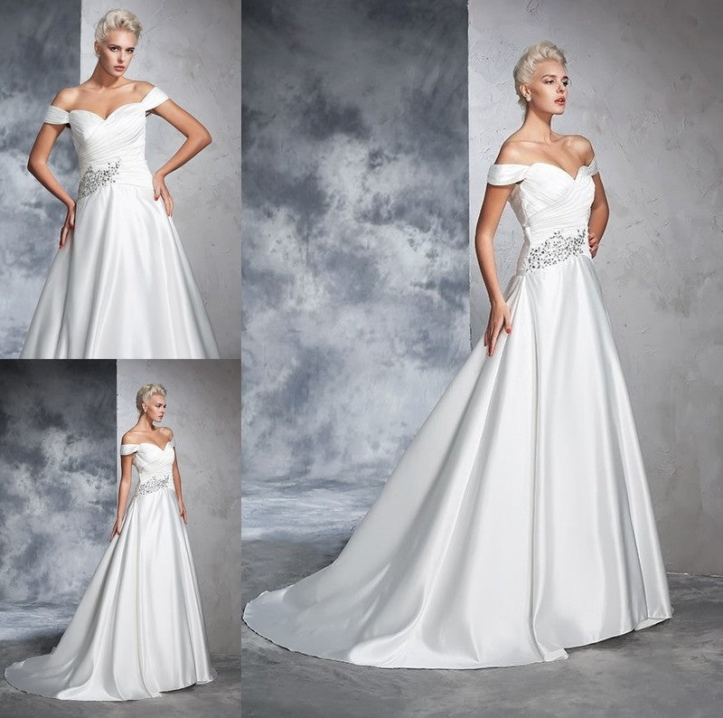 Off-the-Shoulder Long Sleeveless Gown Ruched Ball Taffeta Wedding Dresses