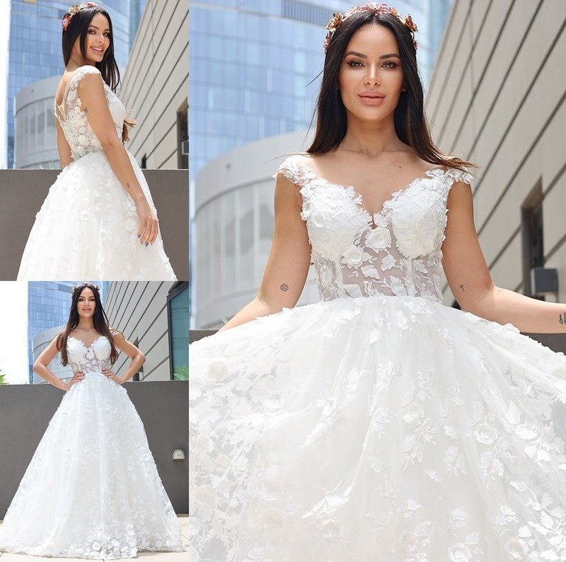 Tulle Sleeveless A-Line/Princess Applique V-neck Floor-Length Wedding Dresses