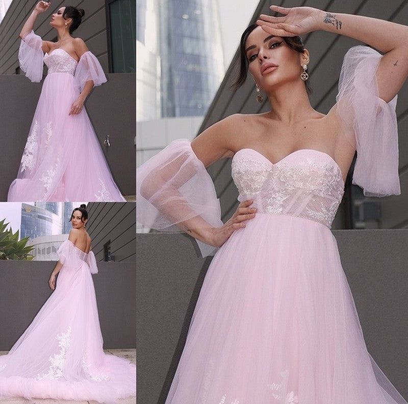 Sleeves A-Line/Princess Short Applique Sweetheart Tulle Court Train Wedding Dresses