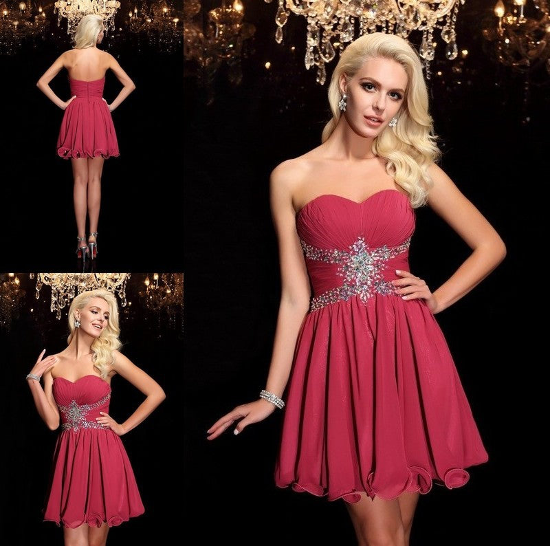 A-Line/Princess Rhinestone Sweetheart Sleeveless Short Chiffon Dresses