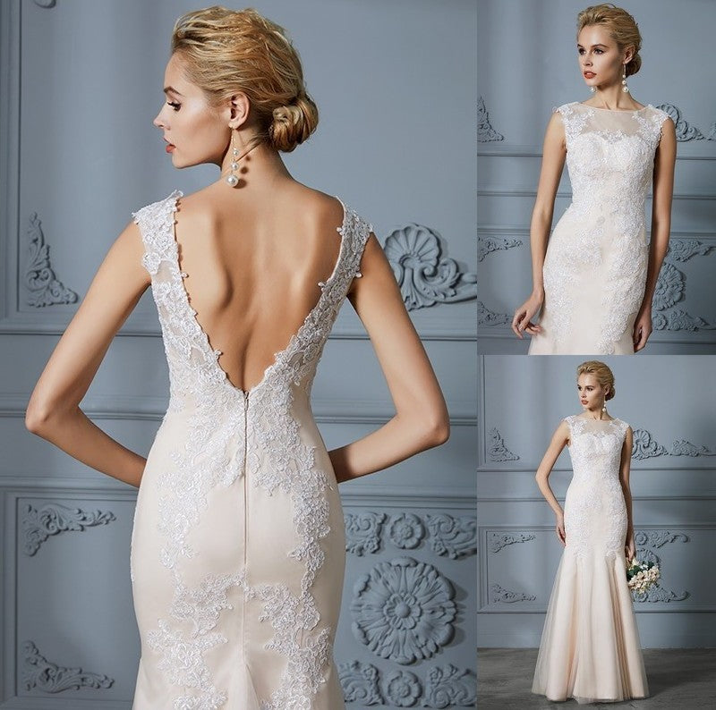 Trumpet/Mermaid Scoop Applique Tulle Sleeveless Floor-Length Wedding Dresses