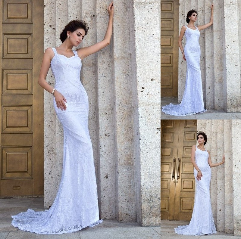 Sleeveless Straps Sheath/Column Lace Long Lace Wedding Dresses