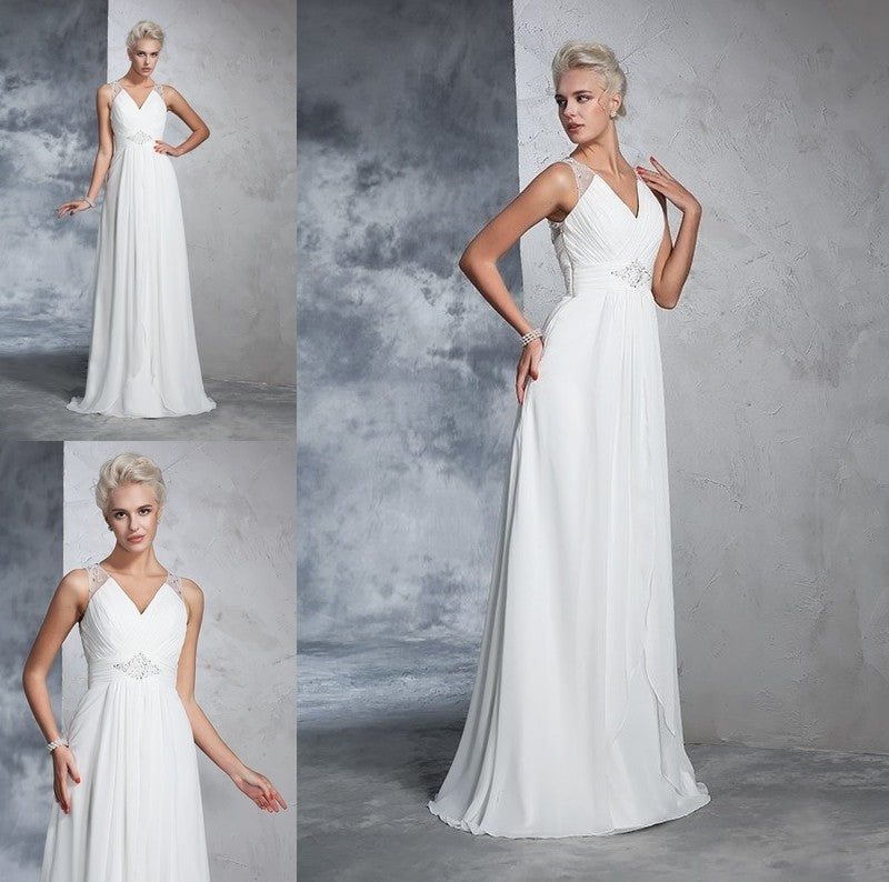 V-neck Ruched Long Sleeveless A-Line/Princess Chiffon Wedding Dresses