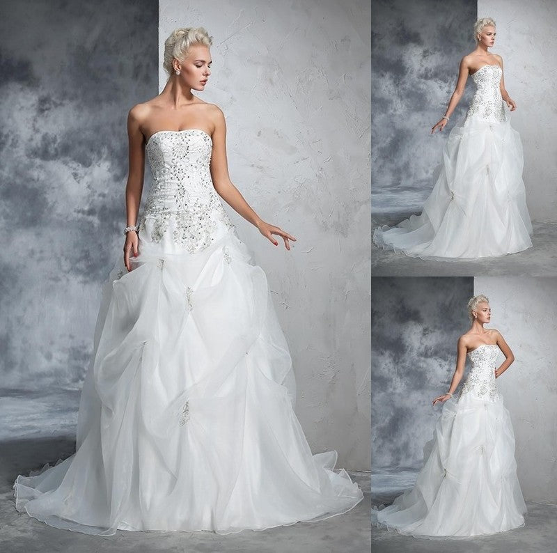 Beading Gown Strapless Ball Long Sleeveless Tulle Wedding Dresses