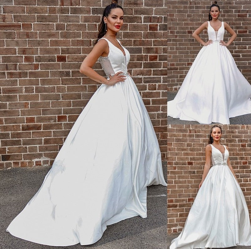 A-Line/Princess V-neck Sleeveless Beading Satin Court Train Wedding Dresses