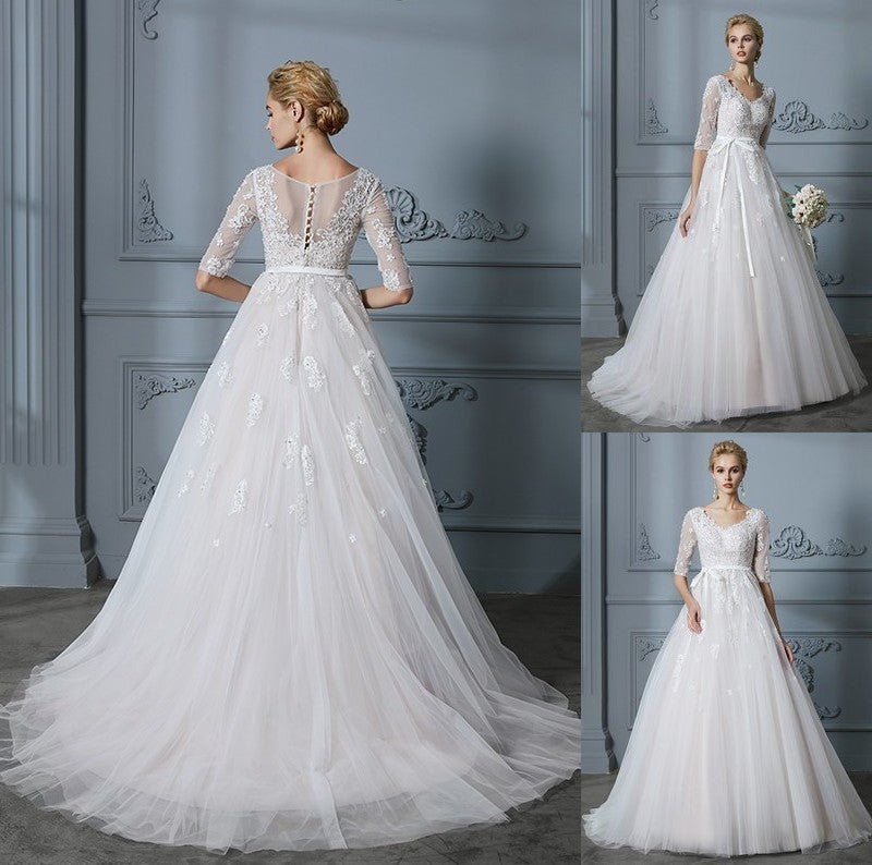 Gown 1/2 Lace Train V-neck Ball Sleeves Court Tulle Wedding Dresses