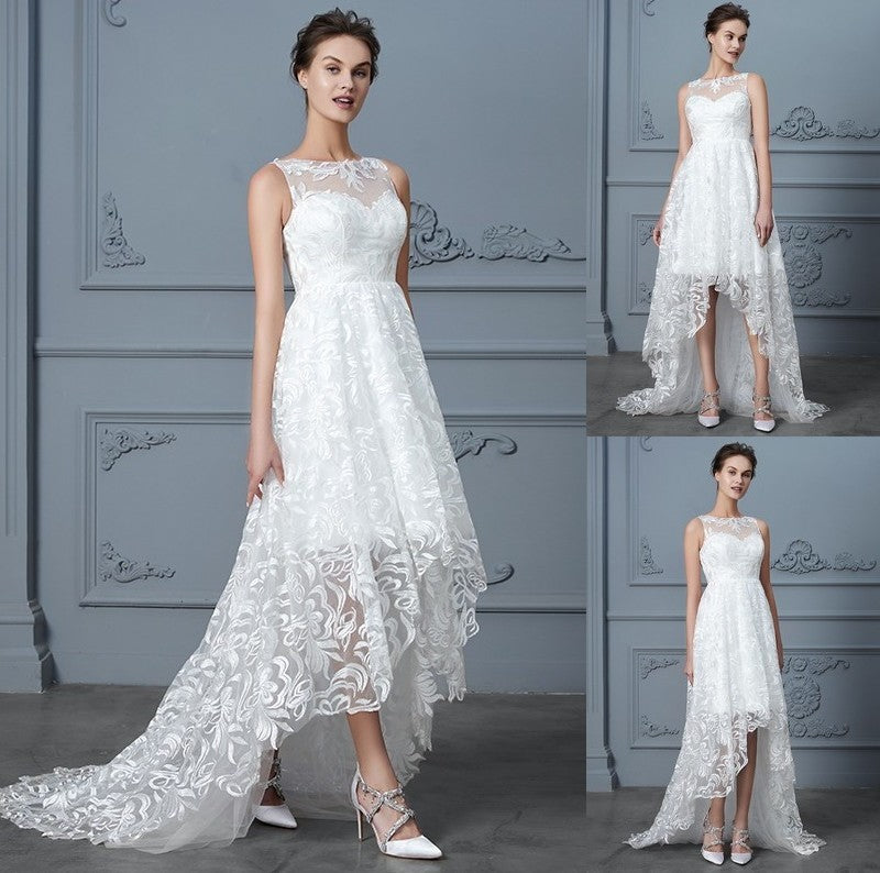 A-Line/Princess Asymmetrical Scoop Sleeveless Lace Wedding Dresses