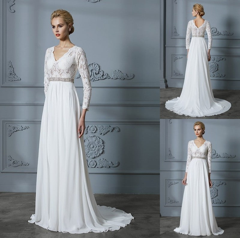 Lace V-neck Sweep/Brush A-Line/Princess Train Sleeves 3/4 Chiffon Wedding Dresses