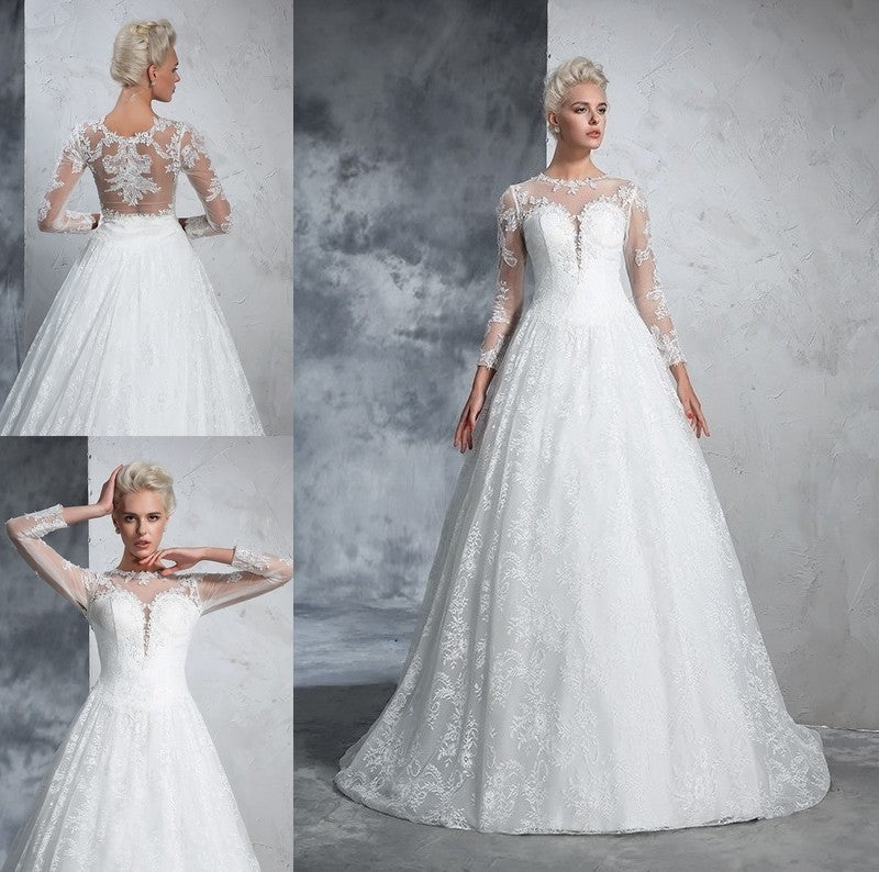 Ball Gown Lace Long Jewel Sleeves Long Lace Wedding Dresses