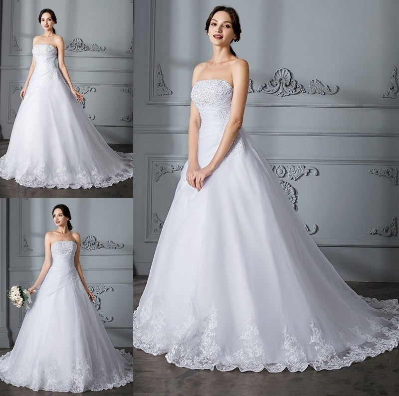 Sleeveless Train Court Gown Strapless Ball Organza Wedding Dresses