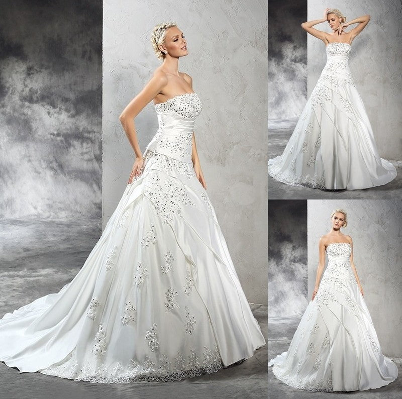 Long Ball Strapless Sleeveless Gown Beading Satin Wedding Dresses