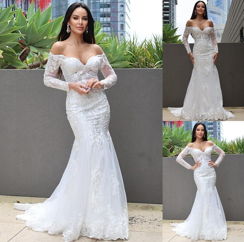 Sweep/Brush Applique Off-the-Shoulder Sleeves Long Trumpet/Mermaid Tulle Train Wedding Dresses