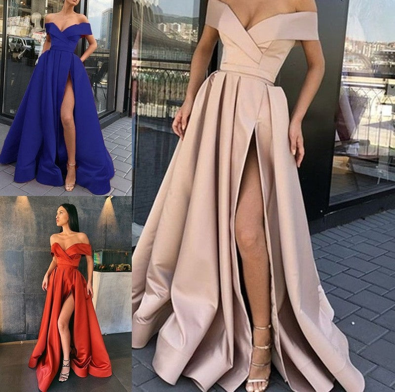 Off-the-Shoulder Ruffles Sleeveless Satin A-Line/Princess Sweep/Brush Train Dresses