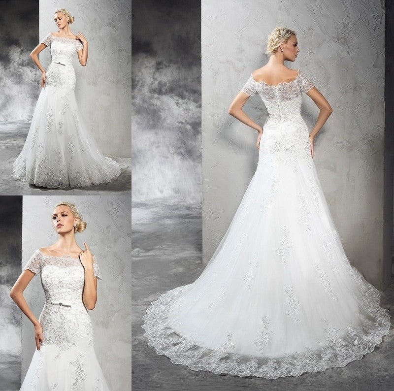 Short Off-the-Shoulder Long Sleeves Applique Sheath/Column Net Wedding Dresses