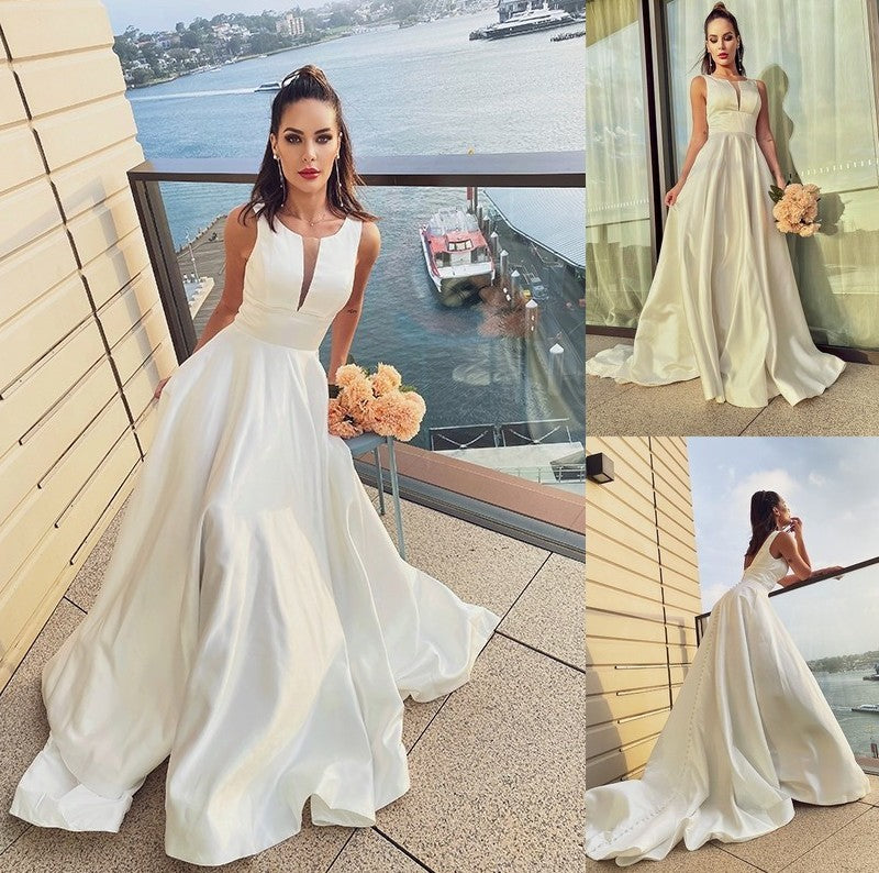 Scoop Ruffles Sweep/Brush A-Line/Princess Sleeveless Satin Train Wedding Dresses