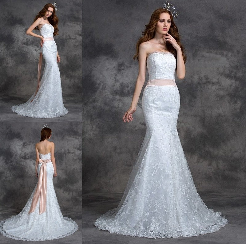 Sash/Ribbon/Belt Strapless Trumpet/Mermaid Sleeveless Long Lace Wedding Dresses