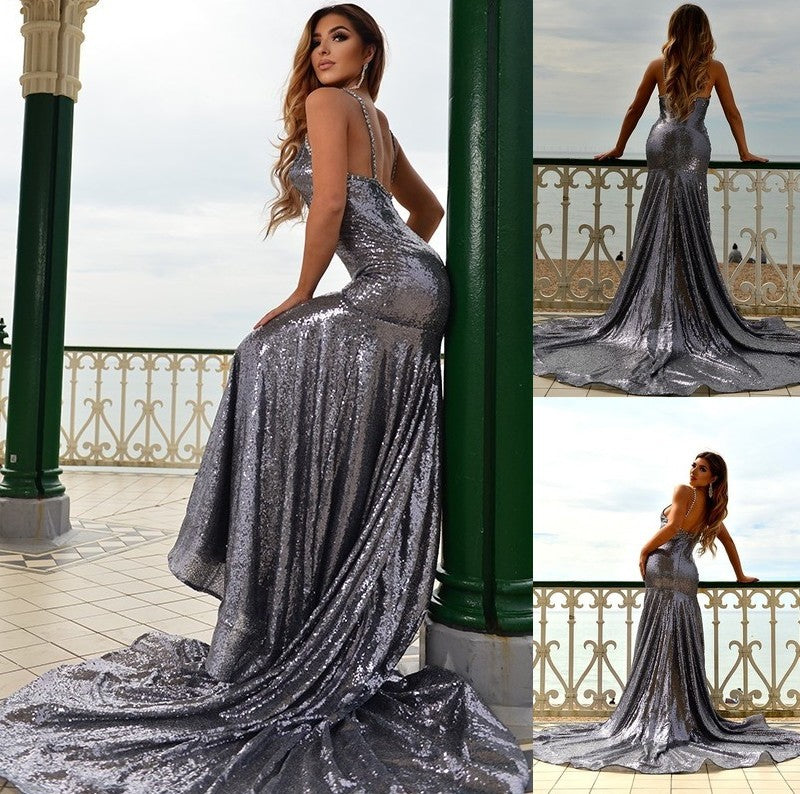 V-neck Ruffles Sleeveless Sequins Trumpet/Mermaid Court Train Dresses