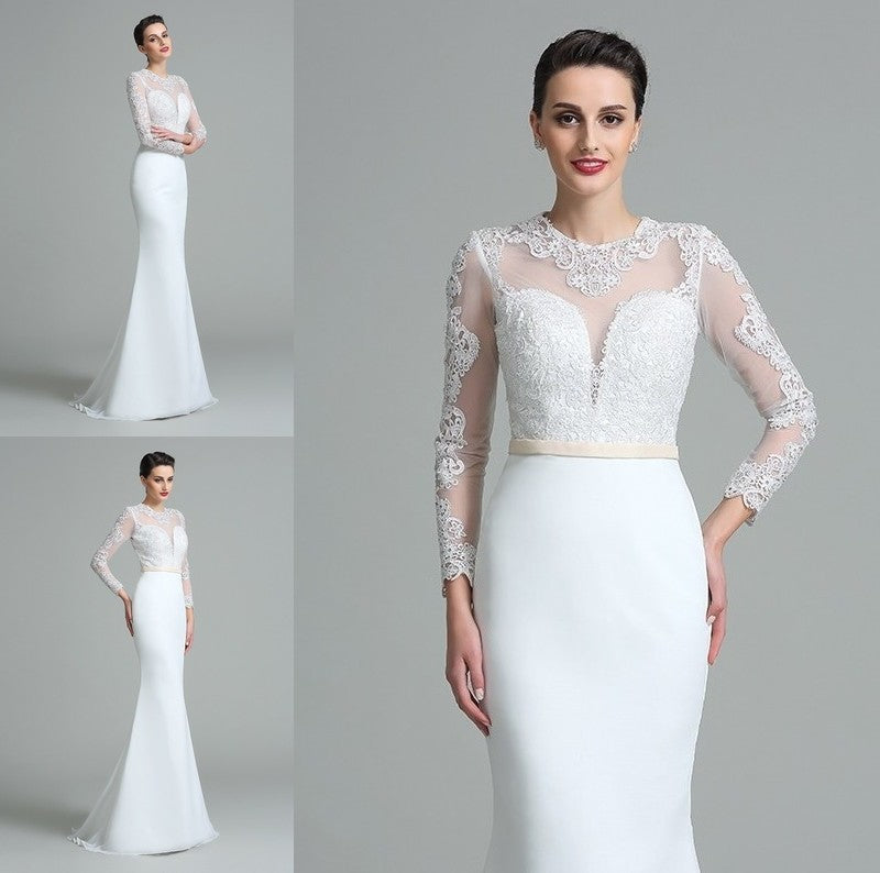 Lace Trumpet/Mermaid Long Sleeves Jewel Long Satin Wedding Dresses