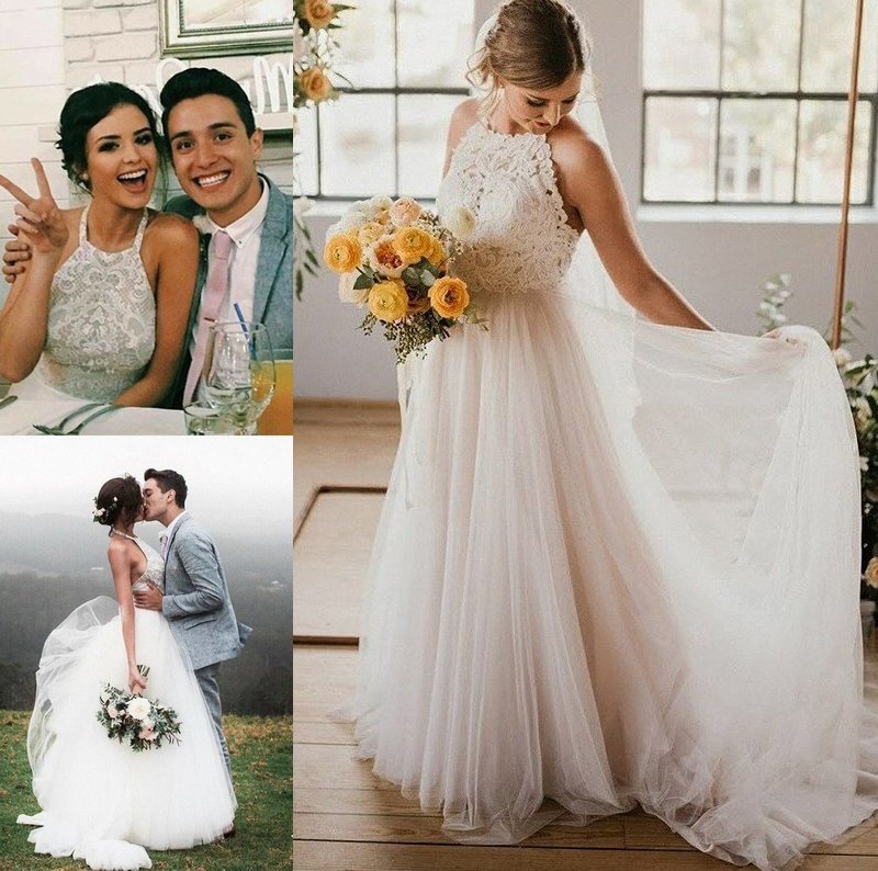 Lace Sleeveless A-Line/Princess Halter Tulle Floor-Length Wedding Dresses