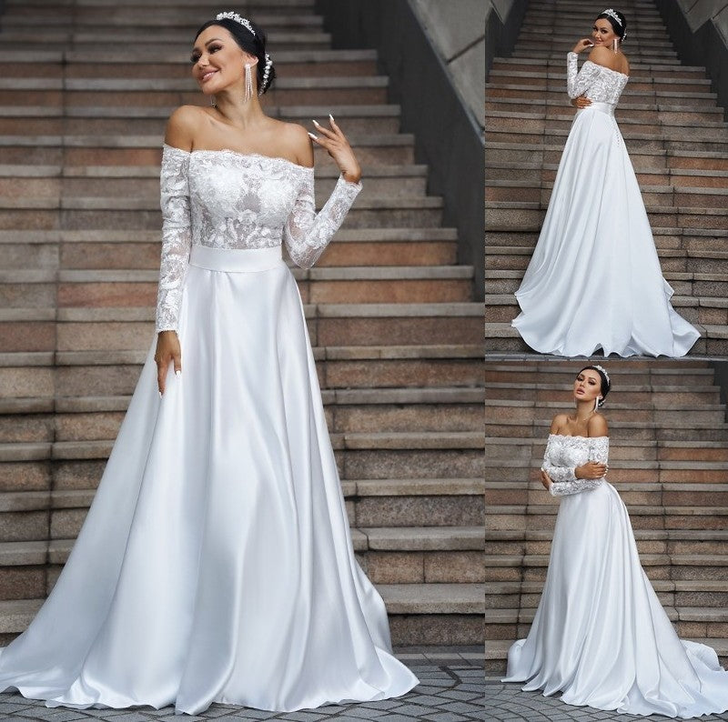 Long Satin Lace Sweep/Brush A-Line/Princess Off-the-Shoulder Sleeves Train Wedding Dresses