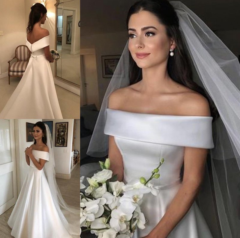 Ruffles Sweep/Brush Off-the-Shoulder Train Sleeveless A-Line/Princess Satin Wedding Dresses