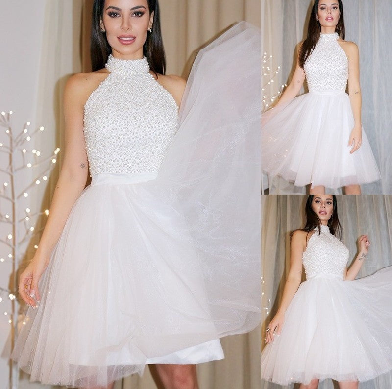 Sleeveless Halter A-Line/Princess Beading Tulle Short/Mini Homecoming Dresses