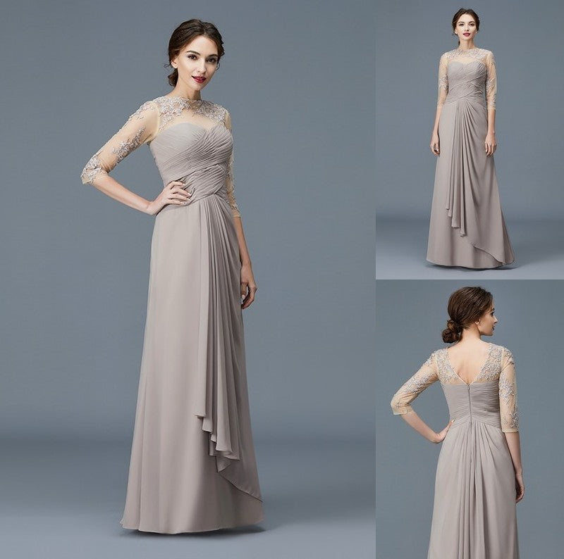 A-Line/Princess Sleeves Neck Floor-Length Chiffon of 3/4 Sheer Ruffles Mother the Bride Dresses