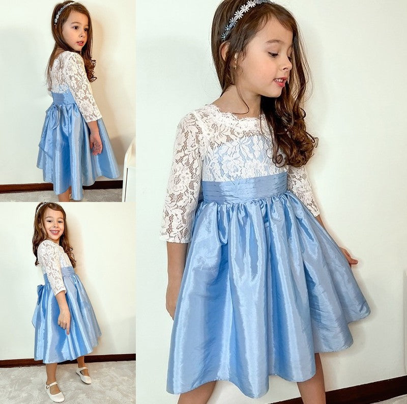 Sleeves 3/4 Knee-Length Lace Scoop A-Line/Princess Taffeta Flower Girl Dresses