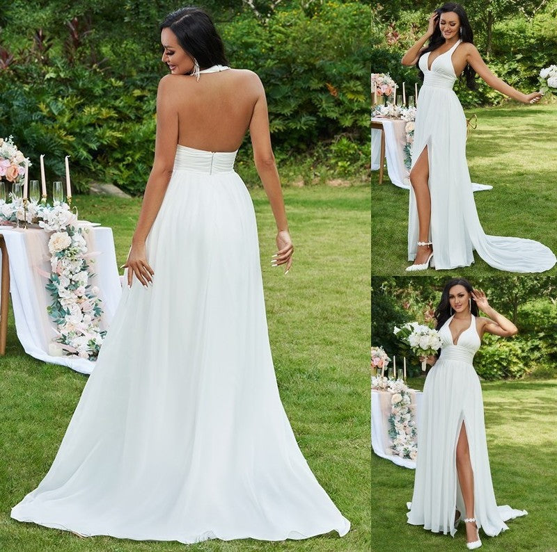 Halter Sleeveless Sweep/Brush Chiffon Ruffles A-Line/Princess Train Wedding Dresses